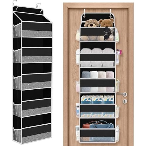 1 Pack Over The Door Organizer, Hanging Storage Organizer with Clear Window, 40lb Ultra Sturdy Large Capacity Room Organizer for Pantry Laundry Bathroom Nursery Closet (Black)