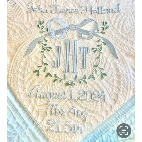 Personalized Embroidered Baby Quilt: Heirloom Monogram, Birth Stats