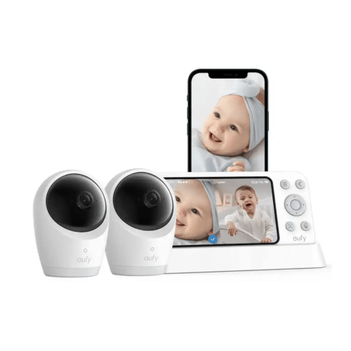 eufy - Baby Monitor E21 with 2 4K UHD Cameras, 5'' 720p Display, 8× Zoom, Portable Camera with Built-in Battery - White