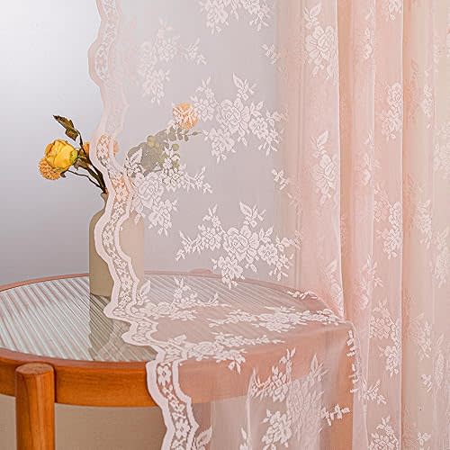 Pink Floral Lace Curtains 72 Inches Long Vintage Victorian French Princess Elegant Light Filtering Drapes with Back Tab Rod Pocket for Girls Room, 50"x72", 2 Panels
