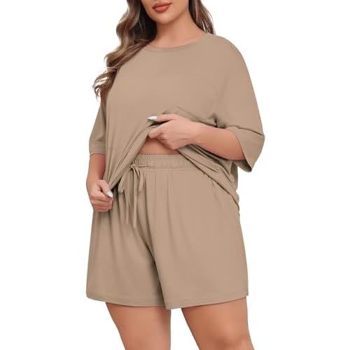 Lastshe Womens Plus Size Pajama Set 2 Piece Soft Short Sleeve with Pockets Summer Shorts Sleepwear Knit Pjs Lounge Set