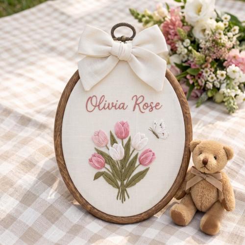 Personalized Hand-Embroidered Floral Name Hoop: Spring Tulips Nursery Sign