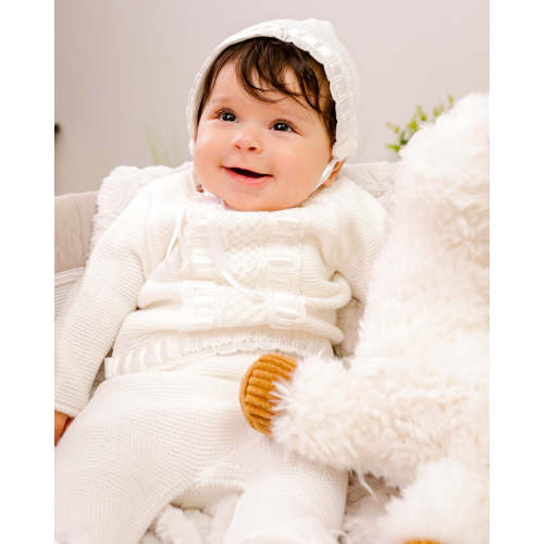 Double Embroidered Satin Band Baby Knitted Set In All ivory