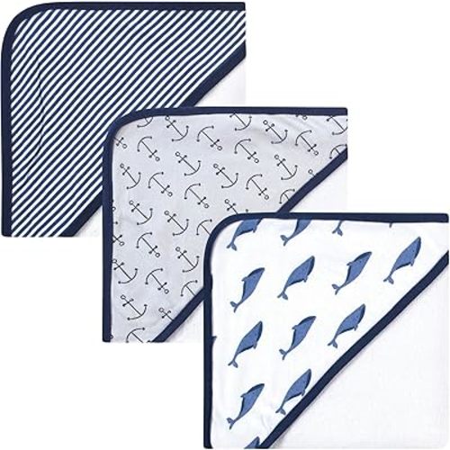 Touched by Nature Unisex Baby Organic Cotton Hooded Towels, Blue Whale, One Size