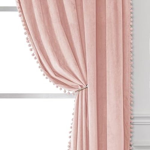 Victree Pom Pom Velvet Curtains for Bedroom, Blackout Curtains 52 x 84 inch Length - Room Darkening Sun Light Blocking Rod Pocket Window Drapes for Living Room, 2 Panels, Pink
