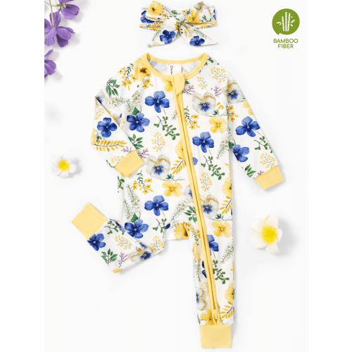 PatPat Baby Girl Outfit Bamboo Baby Pajamas Sleep N Play Snug Fit 2-Way Zipper Romper Floral Sleeper with Headbands Newborn 6-9 Months