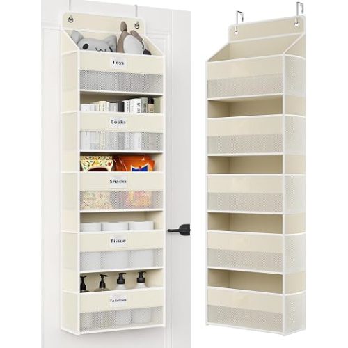 Optish Over the Door Organizer Hanging, 5 Shelf Behind the Door Storage, 55"x13.8"x6.3" Pantry Door Organizer with Side Pockets, Closet Organizers for Bedroom, Nursery, Bathroom, Laundry Room, Beige