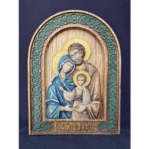 Holy Family Wooden Icon – Hand-Carved & Hand-Painted Oak | Christian Religious Wall Art | 19×14×2.5 cm / 7.5×5.5×1 in