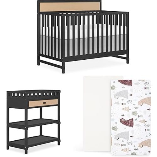 Dream On Me Bear Basics Bundle, Includes Kai Convertible Crib, Grizzly Bear 2-Piece Sheet Set and Complementary Doula Changing Table