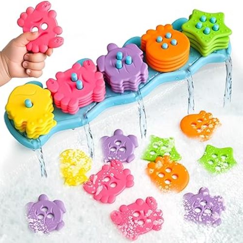Toddler Bath Toys for Kids Ages 1-3 Mold Free Bath Toys Toddlers 2-4 Silicone 21PCS Ocean Shape Sorting Stacking, Sensory Bathtub Suction Water Play Toys for Toddlers 3-5 Boys Girls Early Learning