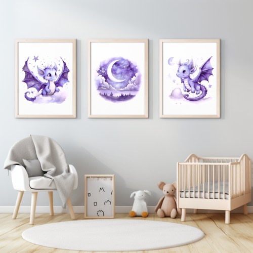 Purple Dragons Nursery Prints Set of Three (3) | Kid & Child Wall Decor | Baby Shower Gift | Girl Nursery Wall Art