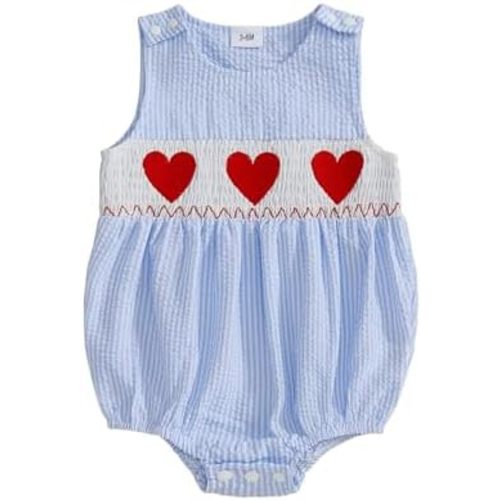 Eurvoku Newborn Baby Boy Valentines Day Outfit Embroidery Sleeveless Smocked Bubble Romper Plaid/Striped Bodysuit Jumpsuit