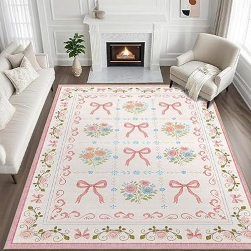 Bow 9x12 Area Rug Pink Princess Rugs Machine Washable Non-Slip Low-Pile Floor Carpet Mat for Girls Room Nursery Vanity Living Room Bedroom Dining Room Office