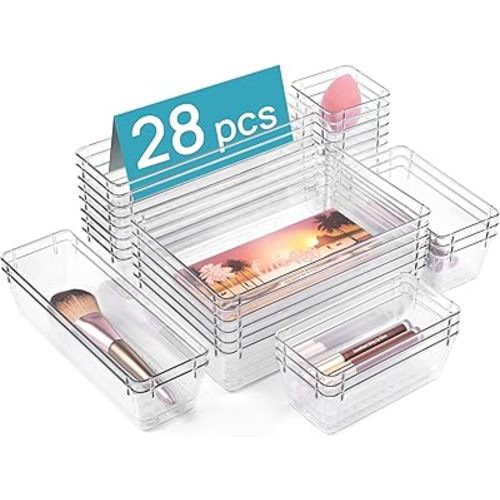 Vtopmart 28 PCS Clear Plastic Drawer Organizers Set, 4-Size Bathroom and Vanity Drawer Organizer Trays, Acrylic Storage Bins for Toiletries, Makeup, Cosmetic, Kitchen Utensils, Tool, Gadgets