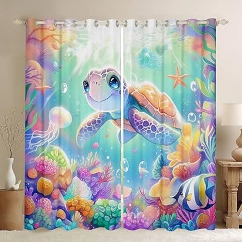 Feelyou Kids Cute Sea Turtle Window Curtains for Bedroom Living Room,Ocean Theme Sea Turtle Curtains,Kawaii Sea Turtle Window Drapes,Sea Turtle 30%-50% Blackout Curtains, 38W X 45L,2 Panels