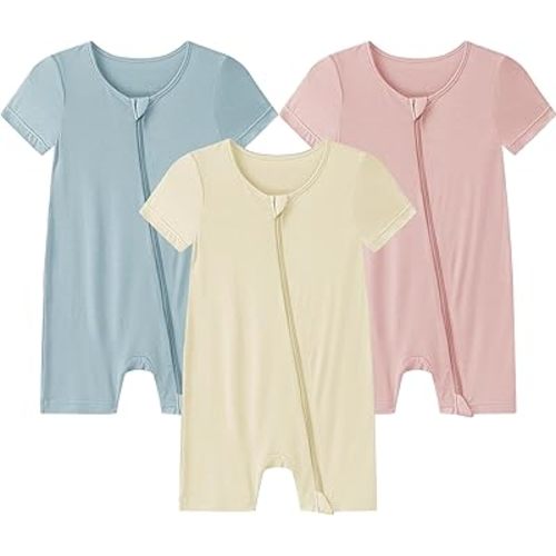 Baby Romper 3 Pack Bamboo Rayon Footless Short Sleeve Zipper Romper
