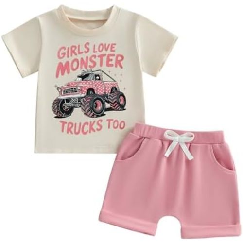Fernvia Baby Girl Summer Clothes 3 6 12 18 24 Months Toddler Outfit Letter Tractor Short Sleeve Shirt Tops Shorts Set
