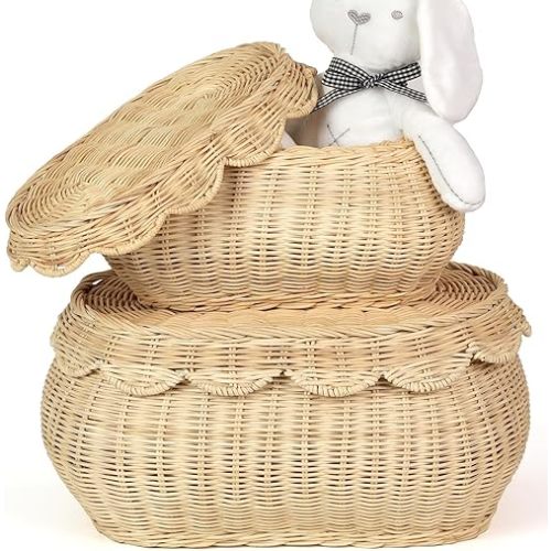 2pcs Hand Woven Rattan Scallopped Baskets with Lid, Small Rattan Basket, Decorative Wicker Storage Baskets, Storage Basket for Living Room, Bathroom, Bedroom, Food, Bread, Picnic