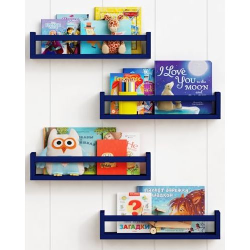 Forbena Navy Blue Floating Book Shelves for Nursery Boy, Decorative Wall Bookshelf for Kids Room, Small Wood Floating Shelves Wall Mounted for Boys Bedroom Bathroom (Set of 4, Blue)