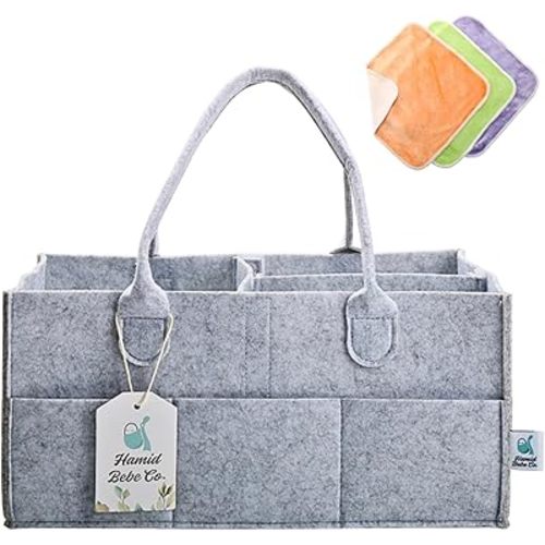 Hamid Baby Diaper Caddy Organizer – Includes Infant Face Cleaning Towel – Large Portable Nursery Storage Basket with 3 Compartments, 8 Pockets, Removable Dividers – Car, Travel Diaper Bag - Grey