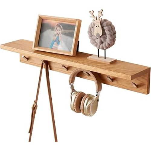 Oak Wood Coat Rack Wall Mount with Shelf 27.5 Inch Long Entryway Wall Shelf with 6 Hooks, Floating Shelf with Hooks Wall Coat Hooks for Bathroom, Hallway, Living Room