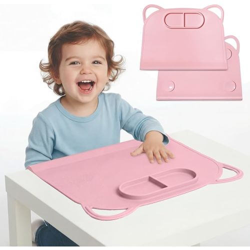 Domensi Large Silicone Suction Placemat with Teething Edge Bumper/Spill for Baby Toddlers Kids with Storage Bag, Non-Slip Dinning Table Mat, Dishwasher Safe for Table(Pink,1 Pack)