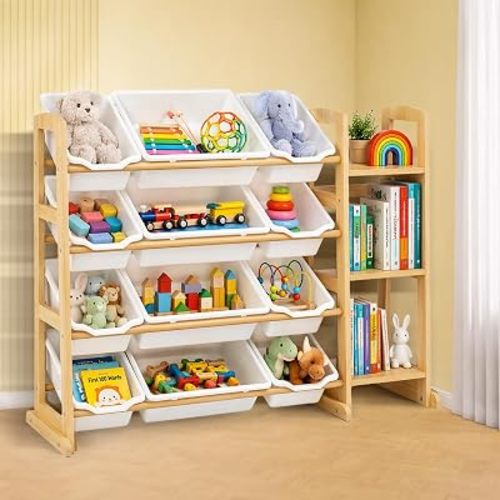 Toy Storage Organizer with 12 Bins & 3-Tier Bookshelf - White