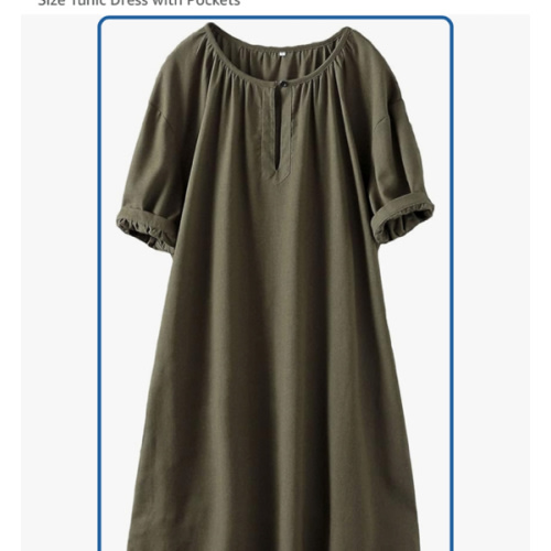 Minibee Women's Cotton Linen Dress Short Sleeve Midi Casual Plus Size Tunic Dress with Pockets