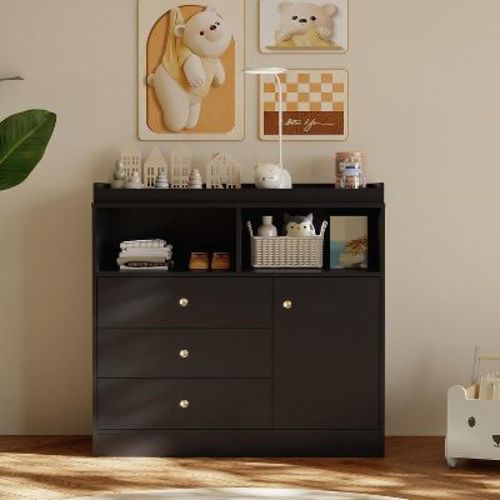 Baby Dresser with Changing Table Top, Wooden Diaper Changing Station with 3 Drawers, Cabinet & 2 Open Compartments for Nursery, Bedroom