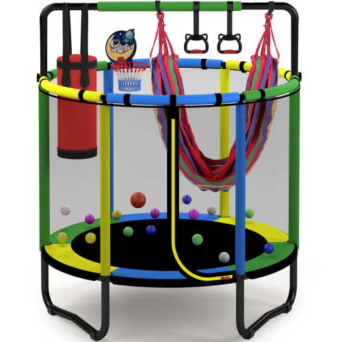 55" Toddler Trampoline for Kids with Basketball Hoop, SHINPT Indoor Outdoor Kids Trampoline with Enclosure, Swing, Sandbag, Ring, Gymnastics Bar, Ocean Balls, Small Trampoline Gift for Boys Girls
