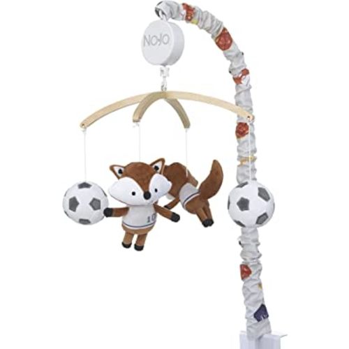 NoJo Team All Star Brown, White, Black & Grey, Fox with Soccer Balls Plush Musical Mobile, Brown, White, Black, Grey