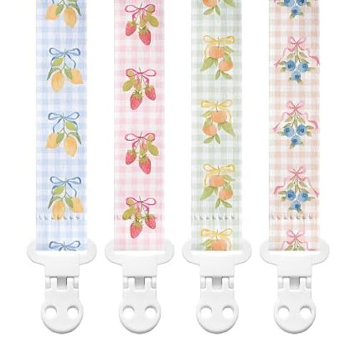 Stadela Baby Fabric Pacifier Clip Holder, Plastic Clip, 4‑Pack, Fruits Pattern, Clementine Set