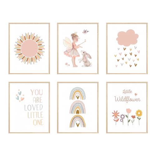 FSZSEES Girls Room Wall Art Prints Set of 6 Nursery Wall Decor Boho Sun Rainbow Canvas Prints You Are Loved Little One Children Bedroom Poster 8x10 Inch, Unframed