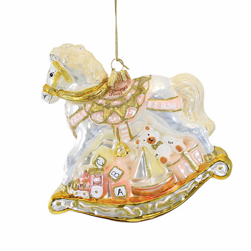 Huras Family Fancy Pink Rocking Horse With Gifts - One Ornament 5.25 Inch, Glass - Christmas Baby Teddy Bear Drum Hf836av
