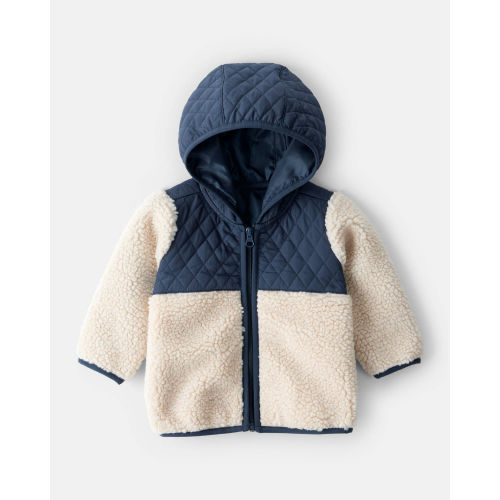 Baby Boy Color Block Hooded Sherpa Zip-Up Jacket - Khaki/Navy - Carter's | Carter's