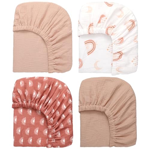 4 Pack Muslin Crib Sheets Neutral Soft and Breathable Cotton Baby Sheets for Girl Boy 52''x28'' Standard Fitted Crib Mattress(Boho Rainbow & Sun)