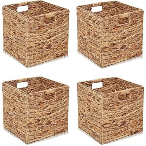 11x11in Storage Baskets Set of 4 Water Hyacinth Baskets,Foldable Handwoven Storage Cubes,Woven Baskets for Bathroom, Bedroom, Laundry, Pantry, Shelves