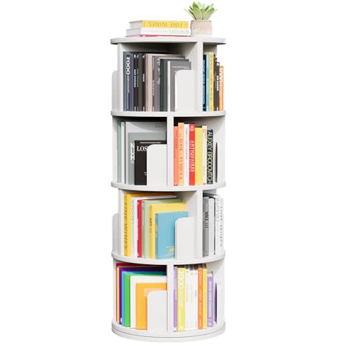 oneinmil Rotating Bookshelf, 360° Rotating Bookcase for Small Space, Corner Bookcase for Bedroom, Living Room, Study Room, 4 Tier, White