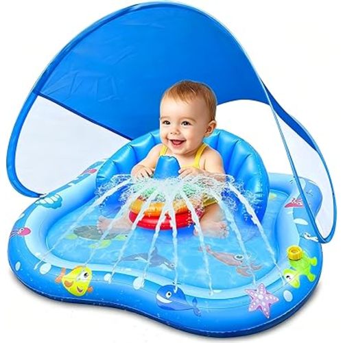 iGeeKid Baby Play Mat with Sprinkler, Inflatable Baby Pool Float with Canopy Backrest & Stackable Rings Water Sprinkler for Kids, Outdoor Water Play Toys for Toddlers Backyard Swimming Water Games