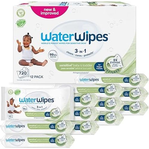 WaterWipes Sensitive+ Baby & Toddler Wipes, 720 Count (12 Packs), 3-In-1 Cleans, Cares, Protects, 99.9% Water, Textured Clean, Unscented