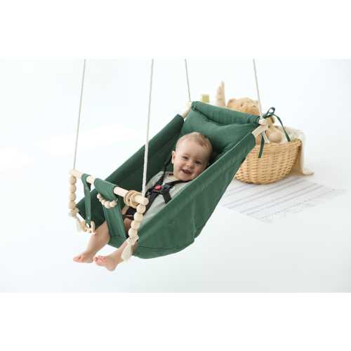 Green Outdoor Garden Baby Swing Schaukel Balançoire with playing beads Garden Swing, Gift For Baby, Wood Swing, Swing with pillow