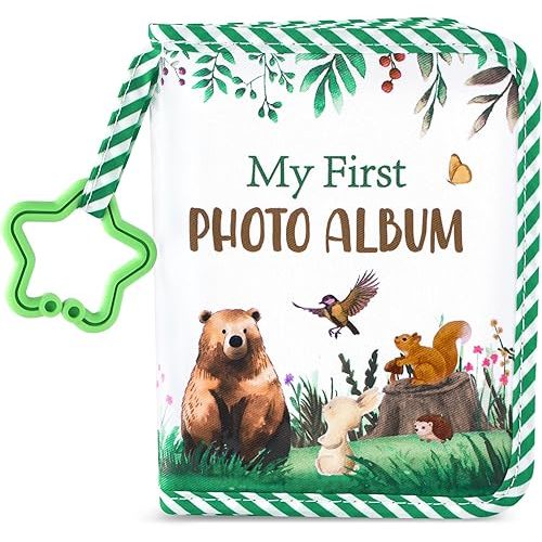 Baby's My First Family Album Soft Photo Cloth Book Greenery Bear My First Book of Photos Baby Memory Album Gift Holds 4x6 Pictures for Babies Newborn Toddler & Kids Girls Baby Shower