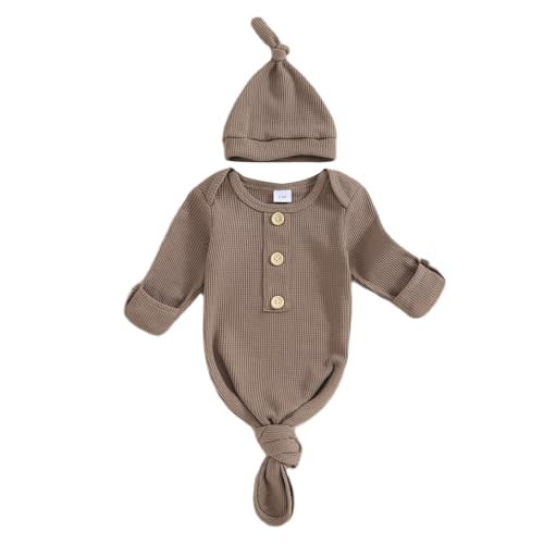 BULINGNA Newborn Baby Boys Girls Knotted Gown with Hat Set, Unisex Infant Nightgown with Mittens Sleepwear One Piece Pajamas
