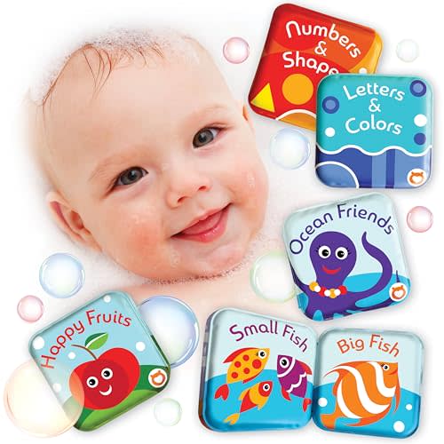 Floating Baby Bath Books Set of 4 - Bath Books for Babies, Infants - Waterproof, Mold-Free Bath Toys for Learning & Early Education (Fruit, Ocean, ABC, Numbers Books)