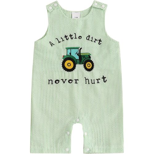 SAYOO 6-12 months Baby Boy Tractor Clothes A Little Dirt Never Hurt Embroidery Romper Jumpsuit Farm Baby Coming Home Shortalls