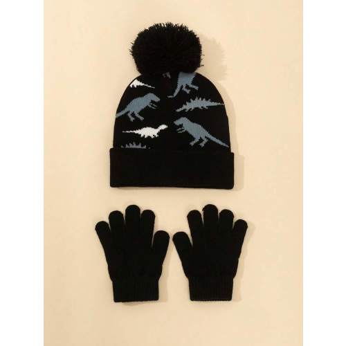 2pcs Jacquard Knit Dinosaur Pattern Beanie Hat And Gloves Set | SHEIN USA