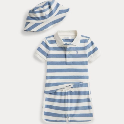 Striped Terry Polo Shirt, Short & Hat 6M