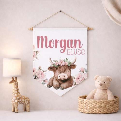Custom Name Pennant, Baby Girl Nursery, Highland Cow Design, Pink Floral Farm Name Flag, Girl Wall Decor