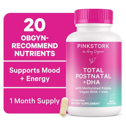 Pink Stork Total Postnatal Vitamins for Women 60ct - Mint Essenced Capsules with Vegan DHA, Iron, Folate, and Vitamin B12