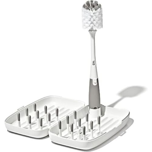 OXO Tot Travel Size Baby Bottle Drying Rack & Bottle Brush, Portable, Gray